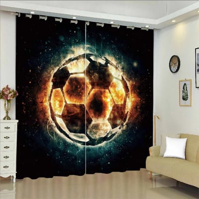 3D Modern Jongens Tieners Voetbal Serie Brandende Voetbal Patroon Dunne Verduistering 2 Panelen Gordijn voor Slaapkamer Woonkamer Huisdecoratie W50xH130(CM)x2pcs&Grommet Top