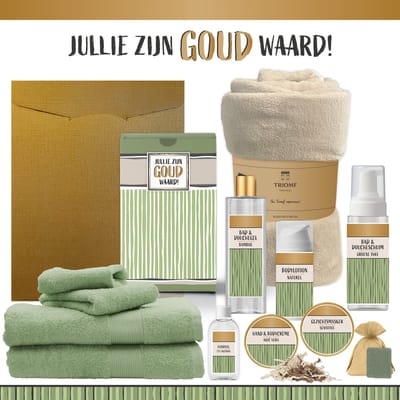 Geschenkset “Jullie zijn goud waard!” - 12 producten - 1910 gram | Triomf Groene Strepen - Giftset voor haar hem Cadeau Luxe Wellness Pakket Vrouw Man Speciaal Cadeaupakket Geschenk Verjaardag Kerst Kerstpakket Gift Set Giftset Beige Groen