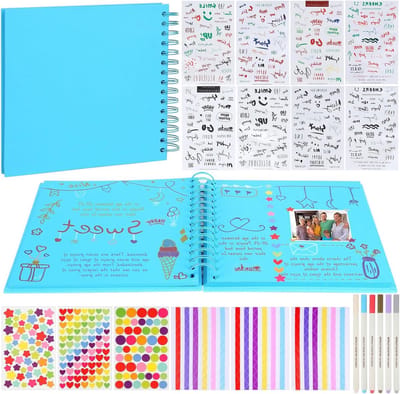 Creatief DIY Fotoalbum met 80 Pagina's, Spiraalbinding, 6 Metallic Kleurpotloden en 14 Stickers voor Scrapbooking en Persoonlijke Cadeaus voor Familie en Baby