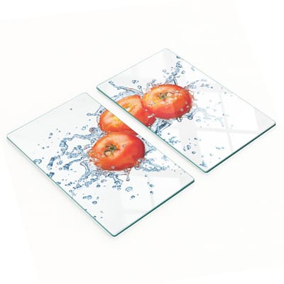 Decoratieve snijplanken van gehard glas met water- en tomatenmotief, 2x30x52 cm