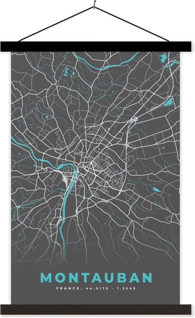 Posterhanger incl. Poster 40x60 cm - Schoolplaat - Montauban - Frankrijk - Plattegrond - Kaart - Stadskaart - Textielposter - Zwarte latten - Stadskaart