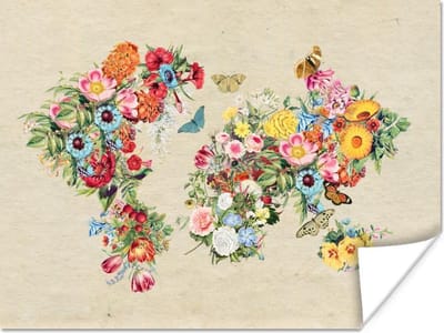 Poster 160x120 cm - Wereldkaart - Vintage - Bloemen - Posters - Kamer decoratie - Wanddecoratie woonkamer - Muurdecoratie slaapkamer XXL