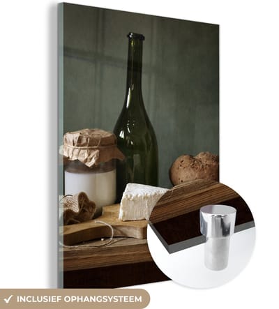 MuchoWow® Glasschilderij 90x120 cm - Schilderij acrylglas - Rustiek - Brie - Stilleven - Fles - Brood - Foto op glas - Schilderijen