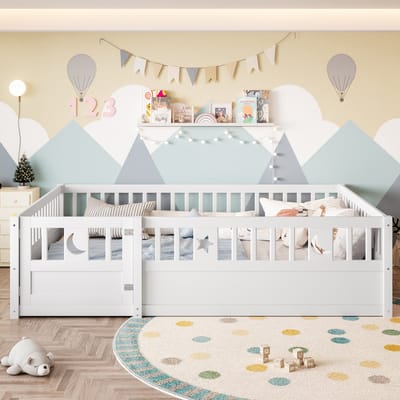 PHOEBE CAT Kinderbed - 140 x 190 cm - Met vangrails - Sterren- en maanthema - Met deur - Wit