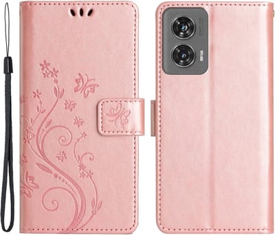 Coverup Hoesje - Geschikt voor Motorola Edge 50 Fusion Hoesje - Coverup Bloemen & Vlinders Book Case - Rose Gold
