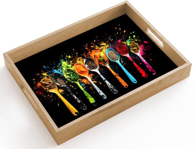 Dienblad hout 40x30 cm - Schootdienblad - Lepels - Kruiden - Modern - Graffiti - Verf - Kleurrijk - Borrelplank rechthoek - Plateau dienbladen