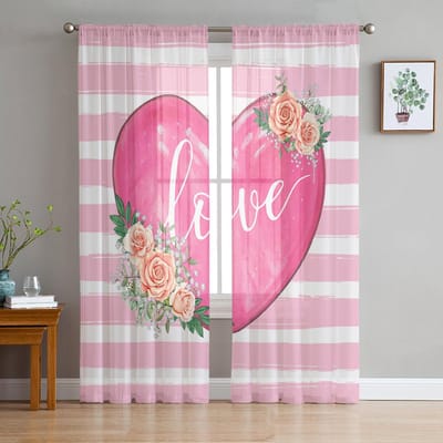 Valentijnsdag Waterverf Bloem Streep Moderne Tule Gordijnen Voor Woonkamer Slaapkamer Huis Keuken Raam Transparante Gordijnen 135W x 114H(cm) pink