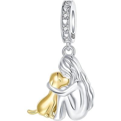 Meisje & Hond Knuffelende Dangle Charm Kralen Component Koperen Metaal Tweekleurig Hanger Kralen Componenten Compatibel Met Authentiek Origineel Armband Hoge Kwaliteit white