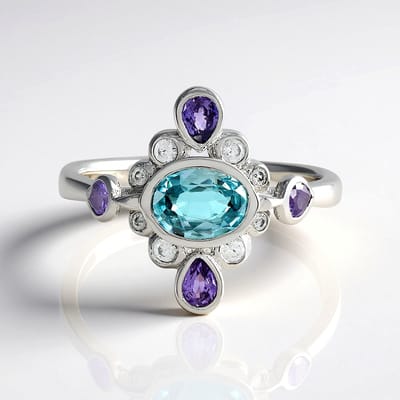 Cavill - Luxe 925 Sterling Zilver Ring - Platina Coating - 1,27 ct Ovale Ratanakiri Zirkoon & Paars Saffier - Elegante Damesring
