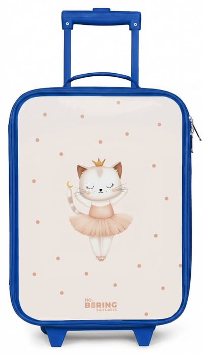 NoBoringSuitcases.com® - Kinderkoffer blauw - Kindertrolley jongen - Ballerina kitten in beige kleuren - Koffer kind lichtgewicht - Reiskoffer trolley voor kinderen - Koffertje met lichtgevende wieltjes - Rolkoffer