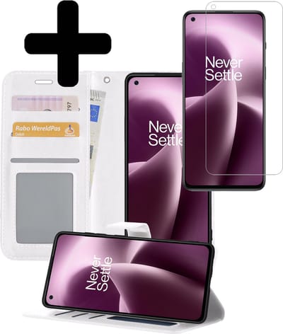 Hoesje - Met Screenprotector - Geschikt voor OnePlus Nord 2T - Luxe Pasjeshouder - Bookcase Portemonee - Flip Case - Kunstleer Book Case - Flipcase - Book Cover - Walletcase - Portemonneehoes - Telefoonhoesjes - Wit