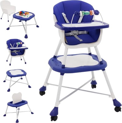 Evolutieve opvouwbare kinderstoel - kantelbaar - in hoogte verstelbaar - blauw met tafel en wielen