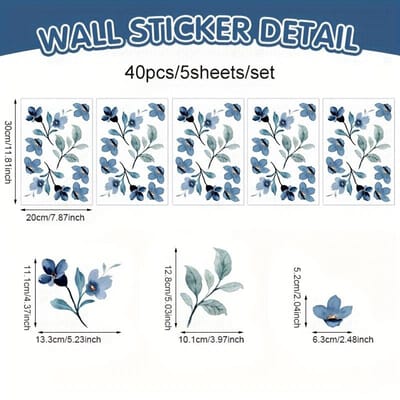 Fantastische Blauwe Iris Thema Muurdecoratie Stickers - 5 Vel/Set, Herbruikbaar Zelfklevend Eenvoudig Waterverf Ontwerp Voor Slaapkamers, Badkamers, Ramen