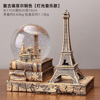 Vintage Eiffeltoren Figurine met Verlichte Kristallen Bol Muziekdoosje - Perfecte Bureau Decoratie Perfect Afstudeercadeau Idee