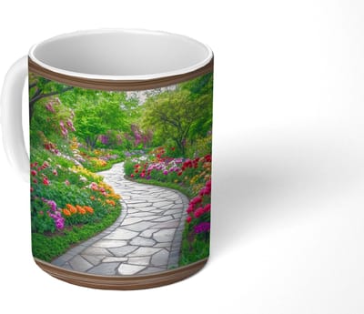 Mok - Koffiemok - Doorkijk - Bloemen - Tuinpad - Natuur - Raam - Mokken - 350 ML - Beker - Koffiemokken - Theemok