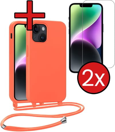 Hoesje Geschikt voor iPhone 13 Mini Hoesje Siliconen Case Met Koord Met 2x Screenprotector - Hoes Geschikt voor iPhone 13 Mini Hoesje Backcover Met Telefoonkoord - Papaya