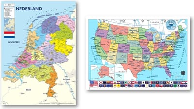 Nederland kaart poster en Amerika kaart poster - Set van twee posters - Set van twee schoolkaarten - 70 x 100 cm