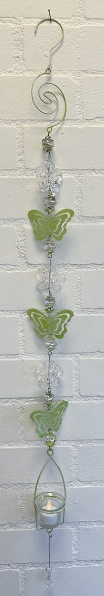 Deco theelichthouder "vlinders" met metalen ketting - licht groene ketting + glazen bloemen - lengte 110 cm - exclusief theelicht - Woondecoratie - Theelichthouder - Woonaccessoires