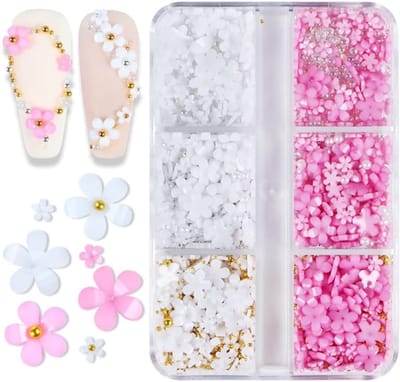 Box met 6 vakken vol 3D bloemen en parels voor nagelkunst, acryl, nail art accessoires, rhinestones en decoraties in roze en wit