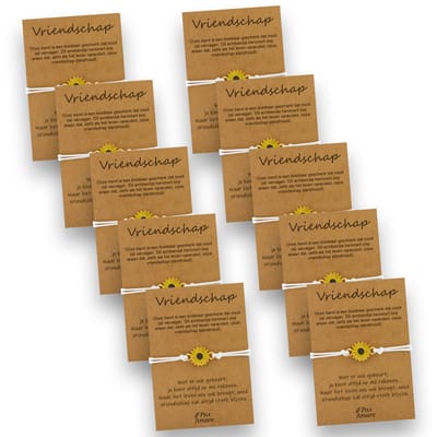 Vriendschapsarmbandjes voor 10 "Vriendschap" - Zonnebloem - BFF Armbandjes met Persoonlijk Cadeau Kaartje - Wit met Bloem Hanger - Op Tien Kaartjes- Pax Amare