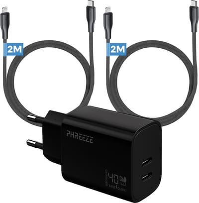 40w snellader geschikt voor iPhone en iPad met Lightning kabel - Phreeze usb C Power Delivery oplader 40 W - Dual port GaN charger met 2 kabels 2m