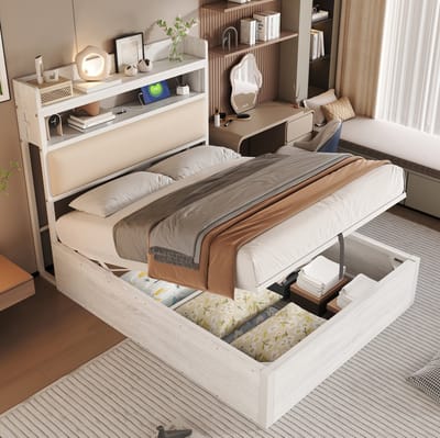 COVREO Bedframe 90 x 200 cm wit, met opbergruimte, USB, zonder matras