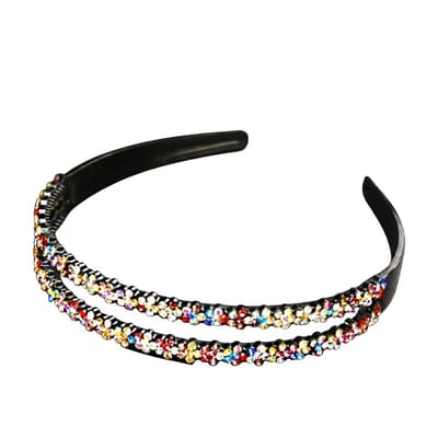 Zwarte dubbele haarband dames – metalen haarband met gekleurde strass steentjes – glinsterende haar accessoire – feestelijke en modieuze look