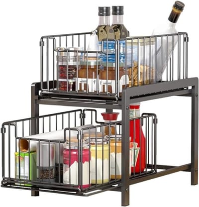 RUX® Gootsteenkast Organizer - Keukenkast Organizer Met 2 Laden – Keukenrek Grote Capaciteit - Aanrecht Organiser - Zwart - 37cm x 26cm x 39cm