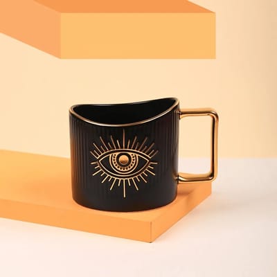 Luxe Koffiemok Gegraveerde Goud Turkse Oog - Keramische Mok - Engraved Gold Evil Eye Mug - Zwart