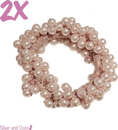 SilverAndCoco® - 2 Parel Elastieken Glitter Haar strik / Dik Elastiek met Glitters Steentjes Parels Scrunchie / Glamour Diadeem Haarelastieken Diamantjes Dames / Pearl Kerst Feest Oud en Nieuw Haarbanden Diamand Breed - 2 Stuks Roze