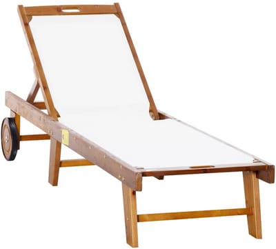 Houten Ligstoel met Wielen - Ligbed met 4-standen Verstelbare Rugleuning - Tuinstoel - Strandstoel - Campingligstoel - tot 150 kg - Zonnebed - Relaxstoel voor Tuin, Terras, Zwembad & Balkon - Naturel + Wit