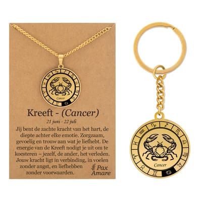 Sterrenbeeld Kreeft / Cancer Ketting + Sleutelhanger - Goudkleurig - Stainless Steel op Cadeau Kaartje- 60cm - Pax Amare