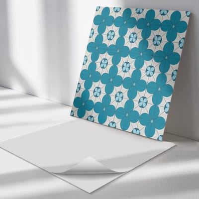Wallfluent Vinyl Tegels - Geometrisch Bloemenpatroon Vinyl Wandtegels - 30 cm x 30 cm - Turkoois PVC Tegels - Verpakking van 9 stuks - Vierkant PVC Tegels - Patroon Plaktegels - Wand PVC Tegels - Plaktegels Keuken en Badkamer