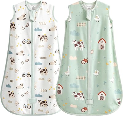SnelShoppen - 2-Pack Babyslaapzakken 0,5 Tog Mouwloos Zomerslaapzak Katoen Unisex Groene Dierenboerderij 0-6 Maanden voor Comfortabele Slapen en Veili