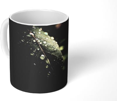 Mok - Koffiemok - Blad - Groen - Nerven - Regendruppels - Mokken - 350 ML - Beker - Koffiemokken - Theemok