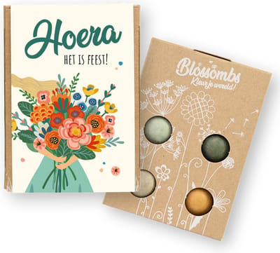 Blossombs - Giftbox Mini 4st - Hoera het is feest - Geschenkverpakking Taart & Bloemen - Duurzaam
