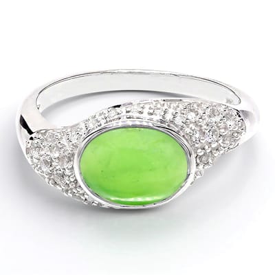 Cavill - Zilveren ring - 925 Sterling Zilver - 1,66 ct Ovale Keizerlijk Chrysopraas - 34 Witte Topazen - Elegante Cabochon Ring Maat 17