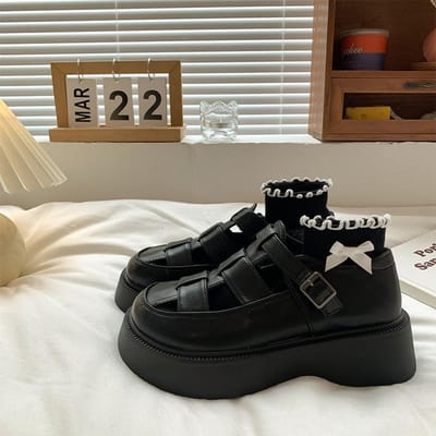 Kleine Leren Schoenen Jk Zomer Hol Ademend Retro Frans Dikke Zool Sponscake Zoet en Cool Mary Jane Sandalen Britse Stijl 40 zwart