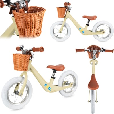 COIL Loopfiets met Rieten Mand – Kinder Loopfiets met Verstelbaar Zadel & Lekvrije Banden – 12 inch wielen - Stijlvol, licht en veilig - Vanaf 2 Jaar - Groente