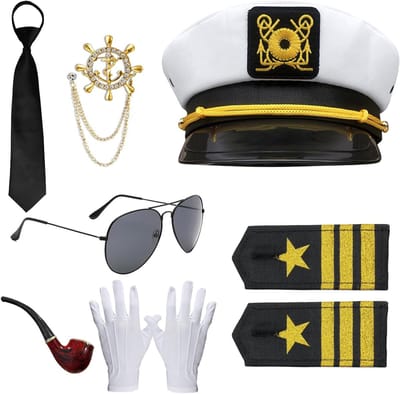 Kostuum Accessoire Set voor Mannen met 8 Stukken: Gouden Anker, Marine Hoed, Zwarte Stropdas, Zonnebril en Handschoenen voor Halloween en Carnaval