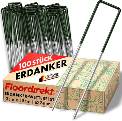 FLOORDIREKT Grondanker Haringen voor Kunstgras - Stabiele & Corrosiebestendige - Voor Kunstgras, Onkruidvlies, Schutting, Tent, Camping & Tuin - Gemaakt van Ijzerdraad - U-Vorm - 100 stuks - 15 x 3 cm