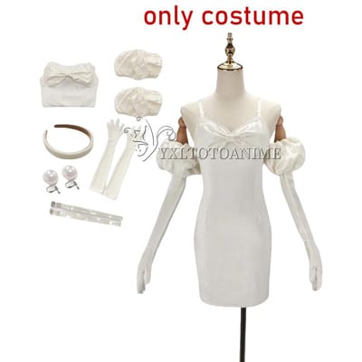 Anime Buitenaards Podium Mizi Sua Cosplay Kostuum Pruik Donkerblauw Jurk Roze Blauw Lang Haar Handschoenen Kousen Riem Set Uniform voor Kerst S white
