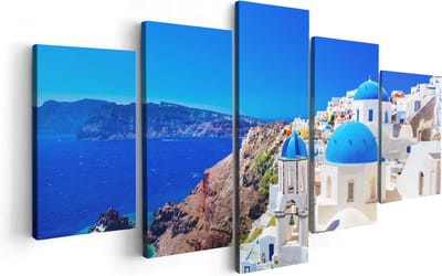 Artaza Canvas Schilderij Vijfluik Blauwe Huizen met Koepels in Griekenland - 100x50 - Foto Op Canvas - Canvas Print