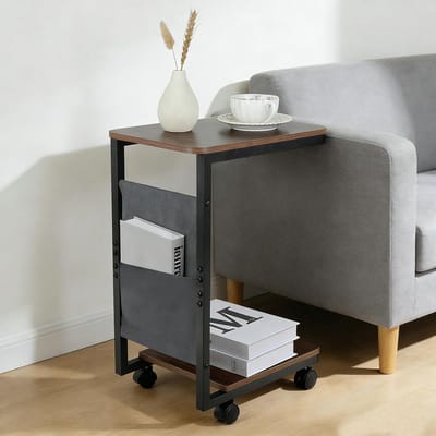 C-vormige bijzettafel met wielen - Houten sofa tafel voor kleine ruimtes