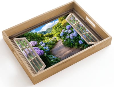 Dienblad hout 40x30 cm - Schootdienblad - Doorkijk - Hortensia - Pad - Natuur - Borrelplank rechthoek - Plateau dienbladen
