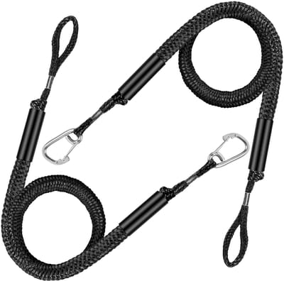 Landvast Bootuitrusting - 2 stuks - Uitrekken 1.2 - 1.7M - Aanlegtouw voor boten - Zwart - Aanmeertouw - Boottouw - Bootaccessoires voor boten dok - Docklijn met haken - Voor boten, kajak, jetski, pontoon, kano