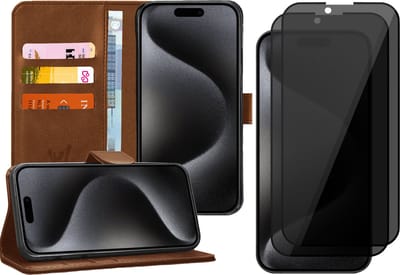 Hoesje geschikt voor iPhone 15 Pro - 2x Privacy Screen Protector FullGuard - Book Case Kunstleer Pasjeshouder Bruin & Screenprotector