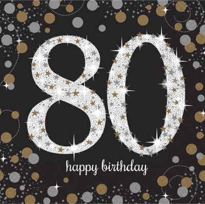 Amscan Servetten 80 jaar - 32x stuks - zwart - 33 x 33 cm - confetti - luxe - verjaardag