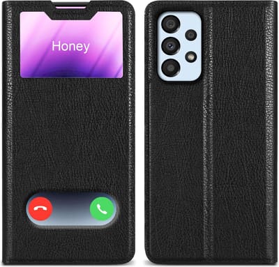 Cadorabo Hoesje geschikt voor Samsung Galaxy A33 5G in KOMEET ZWART - Beschermhoes met magnetische sluiting, standfunctie en 2 kijkvensters Book Case Cover Etui