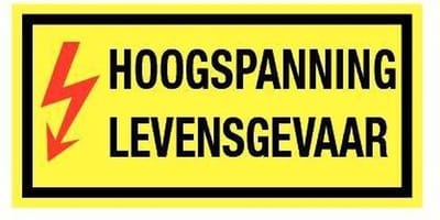 Hoogspanning levensgevaar bord met tekst, kunststof 200 x 100 mm